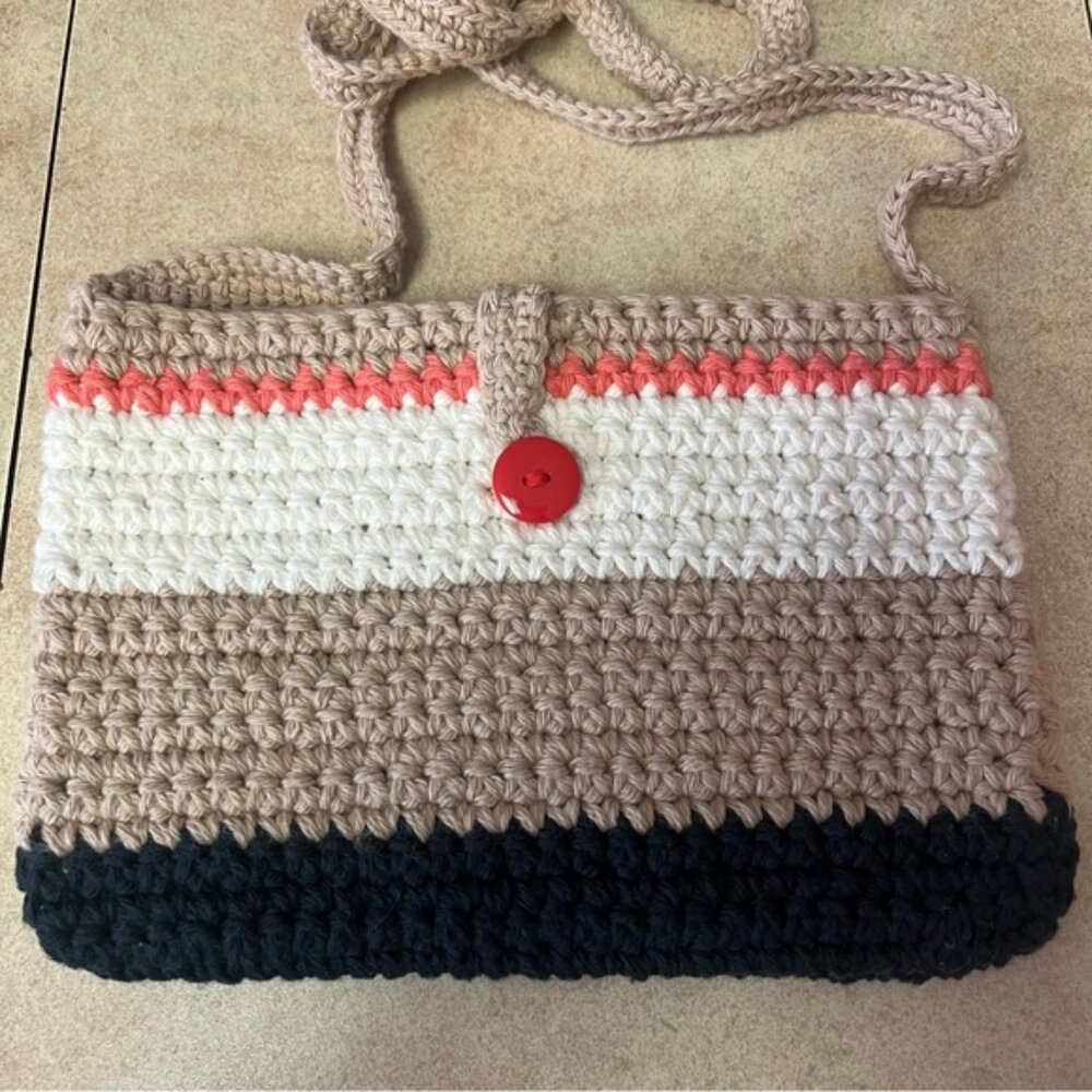 New Handcrafted Crochet Ivory/Taupe/Coral & Navy Crossbody Shoulder Tote Bag